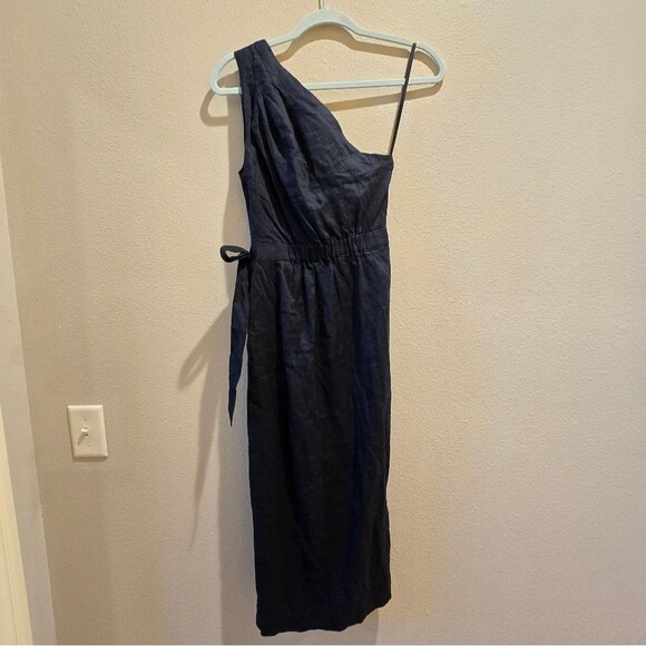 By Anthropologie Black One Shoulder Linen Wrap Dress NWT Sz 0 - Picture 8 of 8